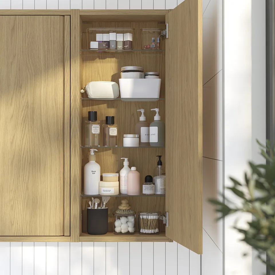 Open wooden bathroom cabinet displaying toiletries on glass shelves.