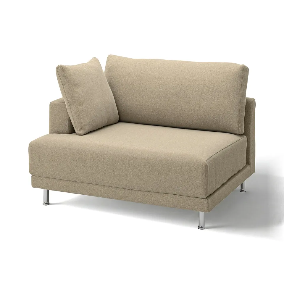 Modern tan UPPÅKRA sofa, soft fabric, clean design, raised legs.