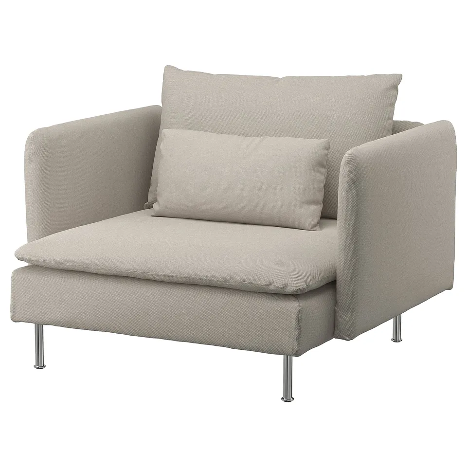 Modern grey upholstered armchair with metal legs, deep seats, loose cushions, sleek design.