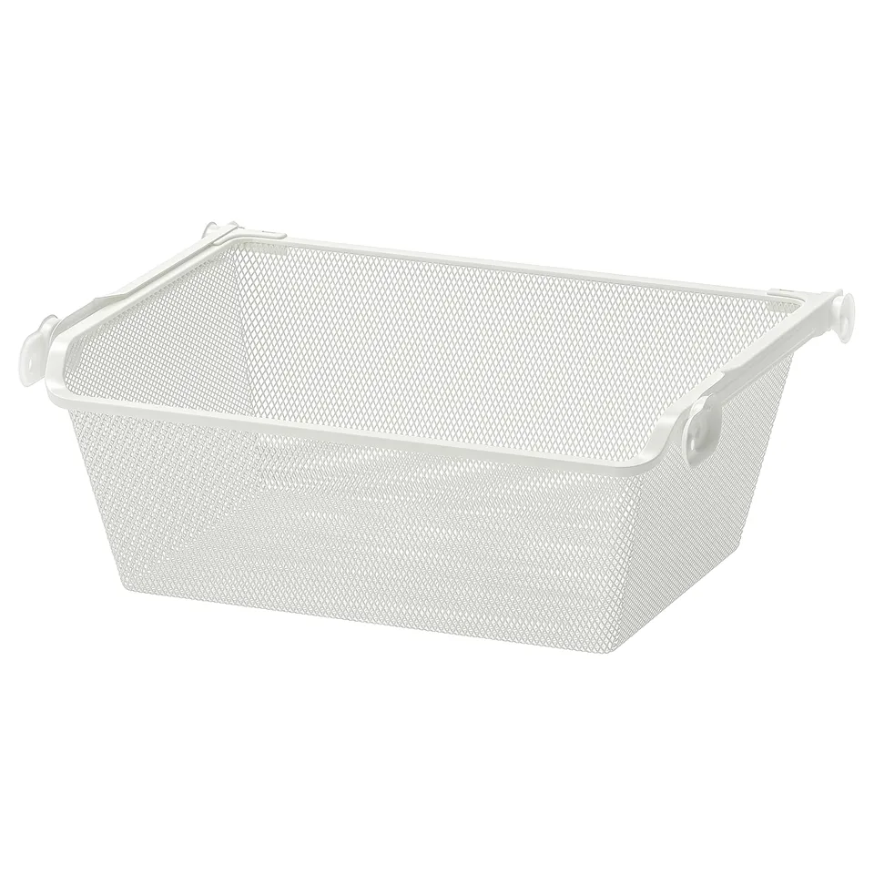 White mesh storage basket with handles for organising clothes.