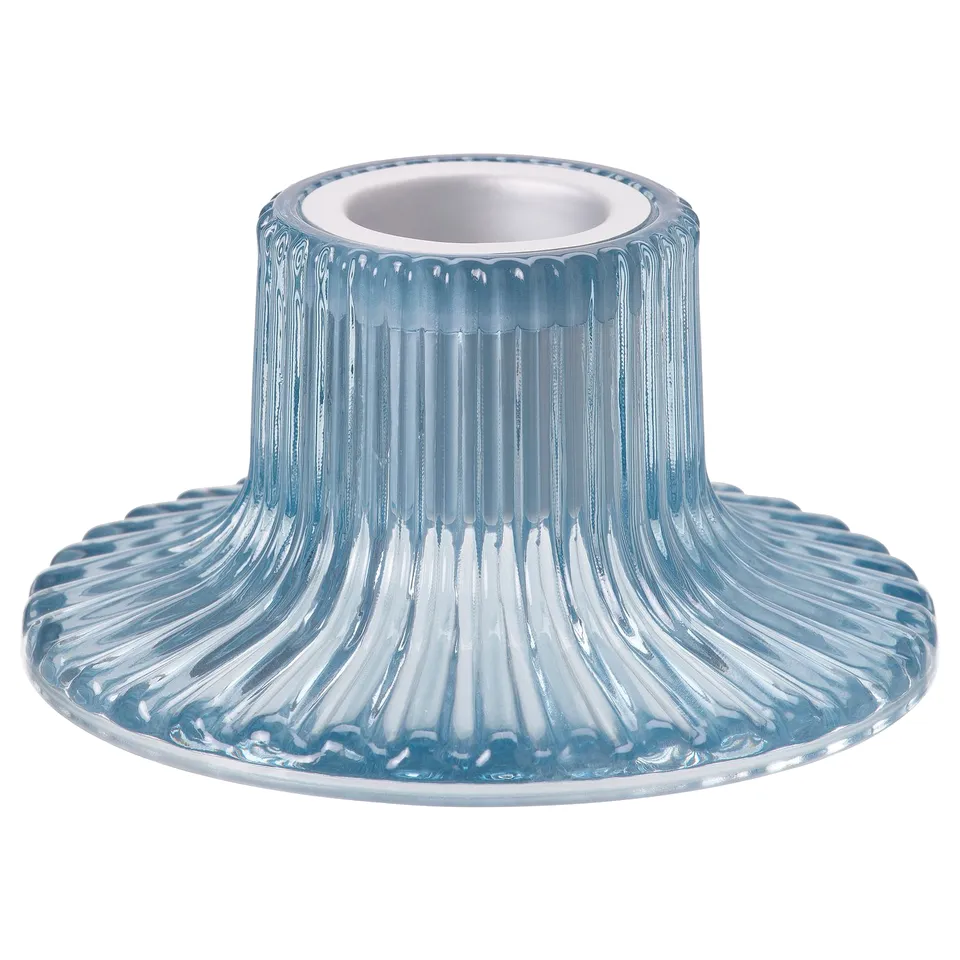 FINSMAK candlestick, blue, glass & aluminium, ribbed, timeless design.