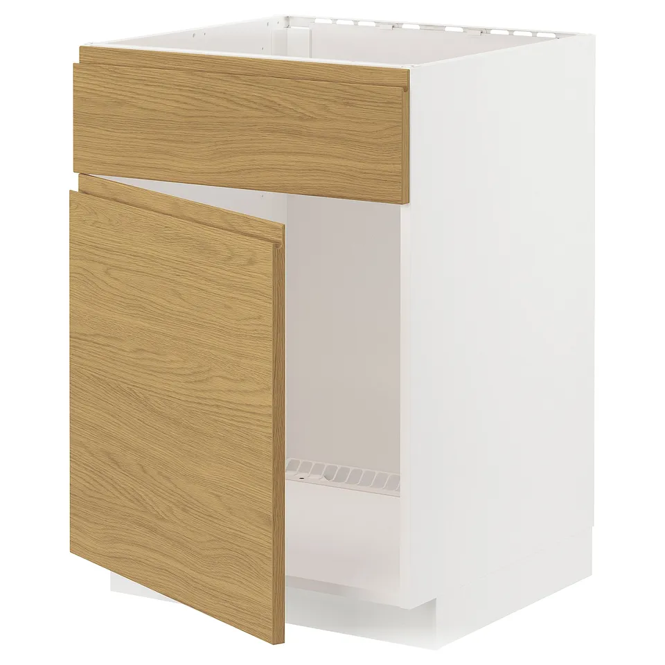 This image displays a METOD kitchen unit with oak-wood effect and white finish. It has one open and one closed door.