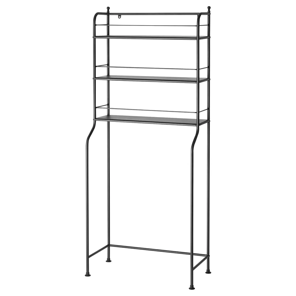 Empty black metal shelf unit FRÖSJÖN with glass shelves, ideal for toiletries.