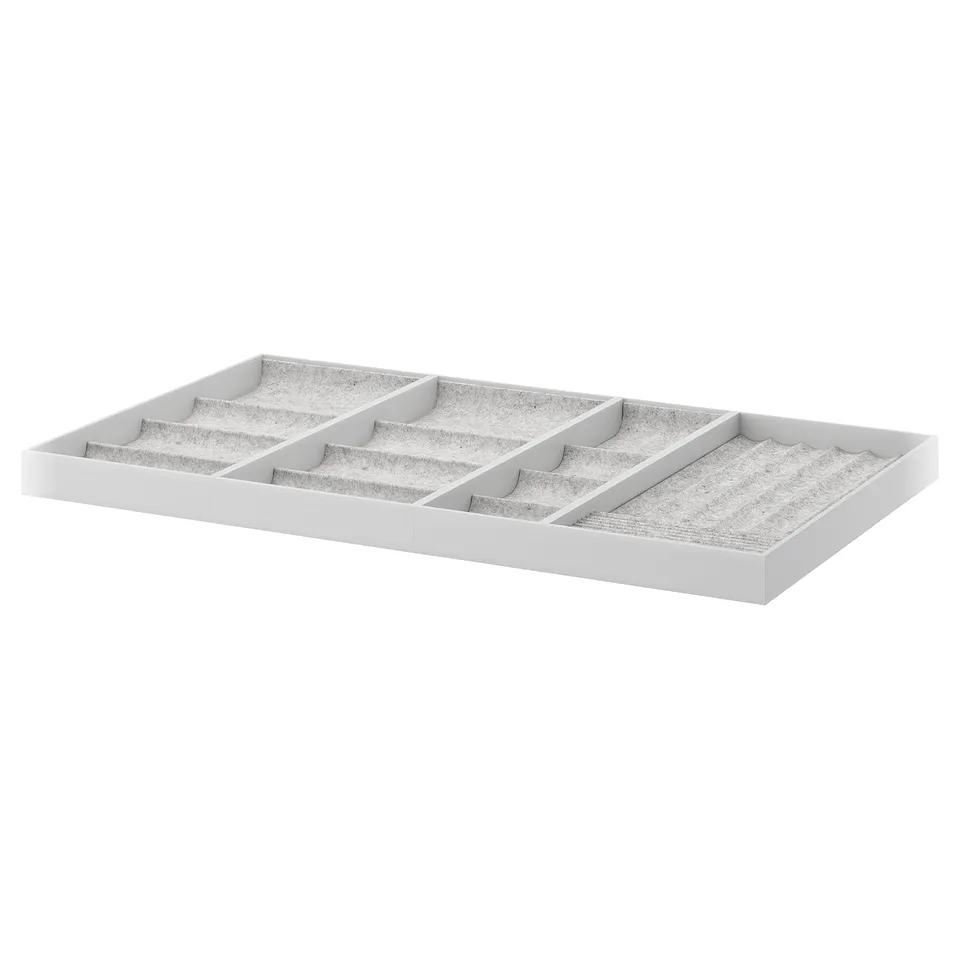 KOMPLEMENT jewellery tray, white, felt lined, rectangular, divided compartments.