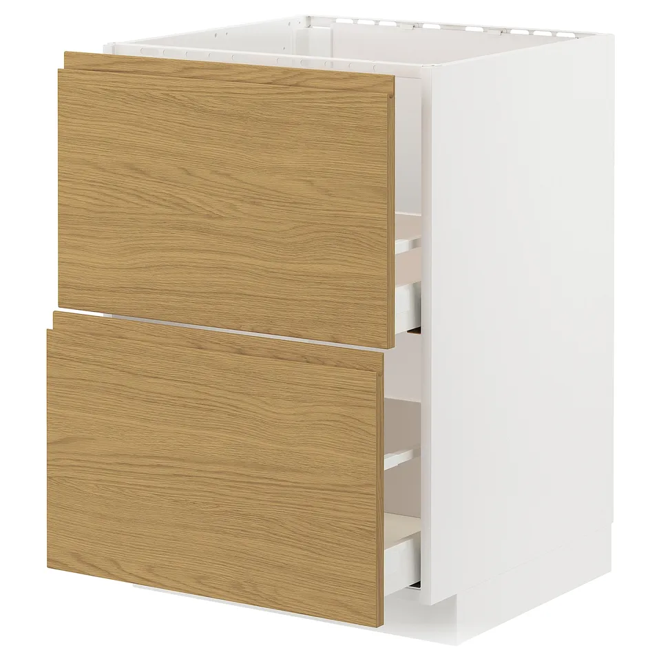 A white kitchen unit with wooden drawers. Its part of the METOD system, featuring an oak-look design with integrated handles.