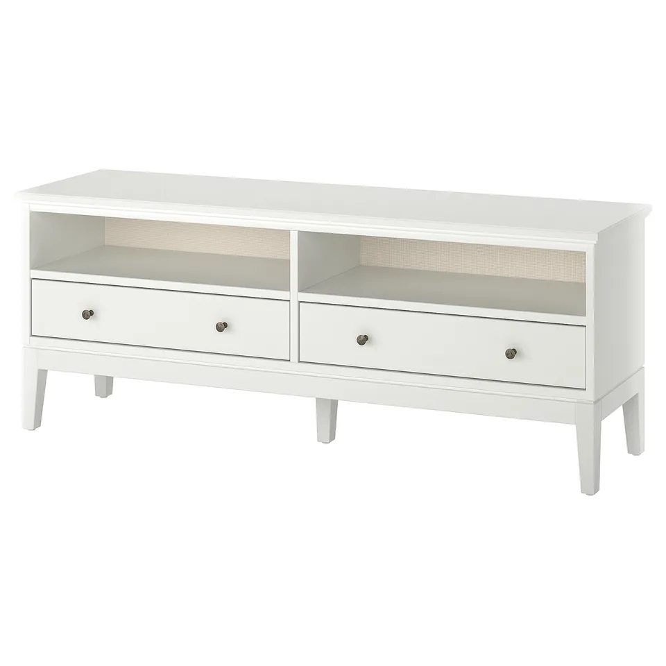 White IDANÄS tv bench, rectangular with two drawers and open shelves, sleek modern design.