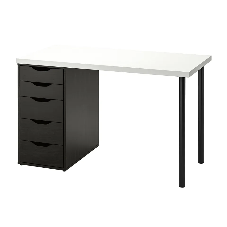 Black and white modern desk with four storage drawers.