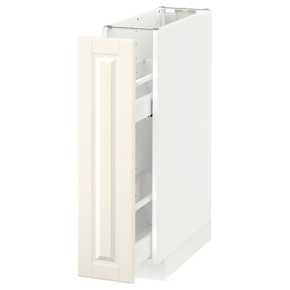 White METOD kitchen unit with off-white bevelled doors, containing shelves.