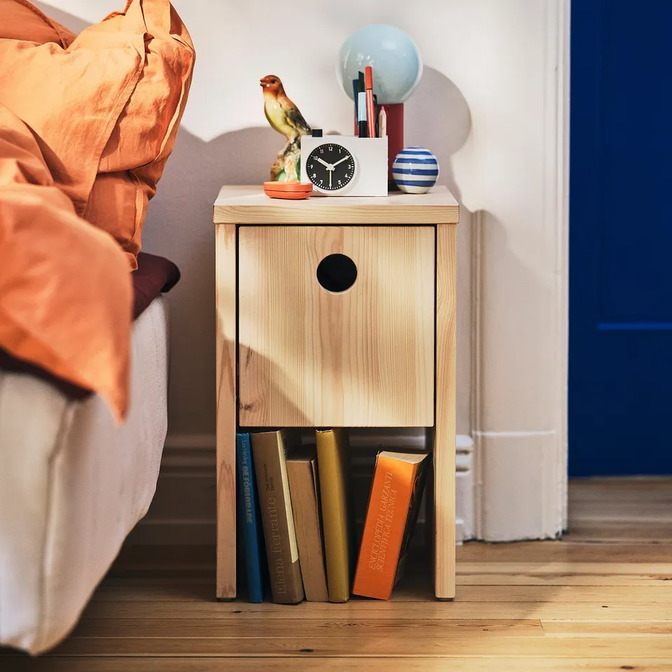 IKEA PS 2026 Bedside table, pine/with flip-down door, 30x30x50 cm