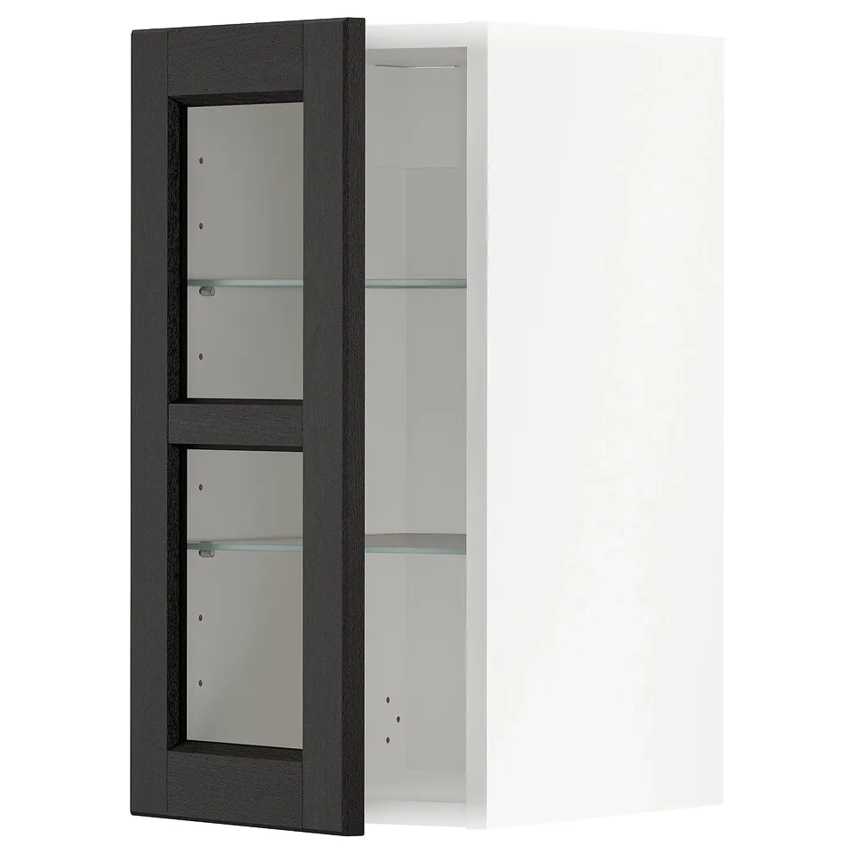 Open black framed cabinet with glass shelves.