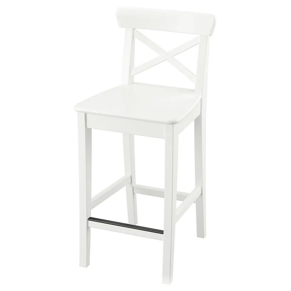 ROSENTORP white bar stool; wooden, counter height, backrest, footrest.