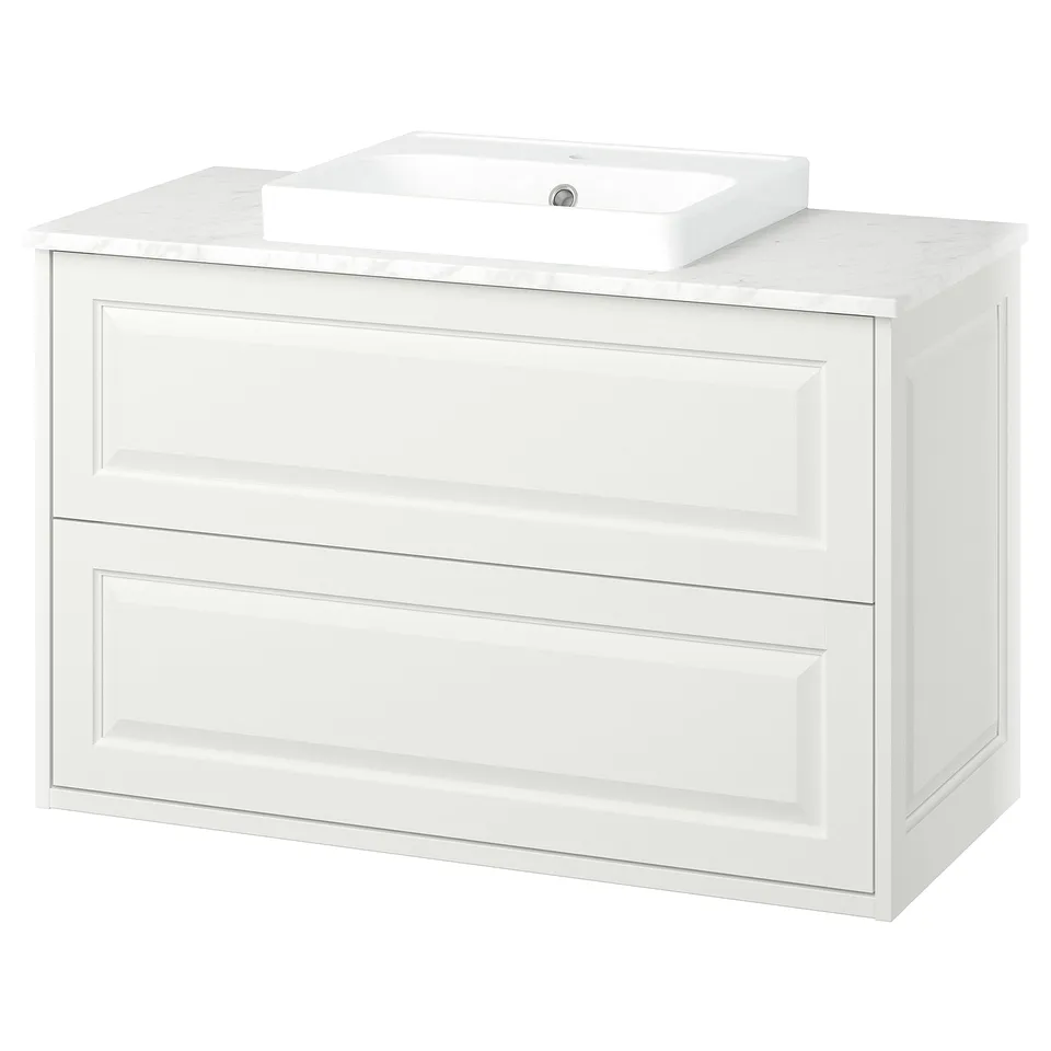 White TÄNNFORSEN washstand, semi-recessed basin, marble-look counter, 2 drawers.