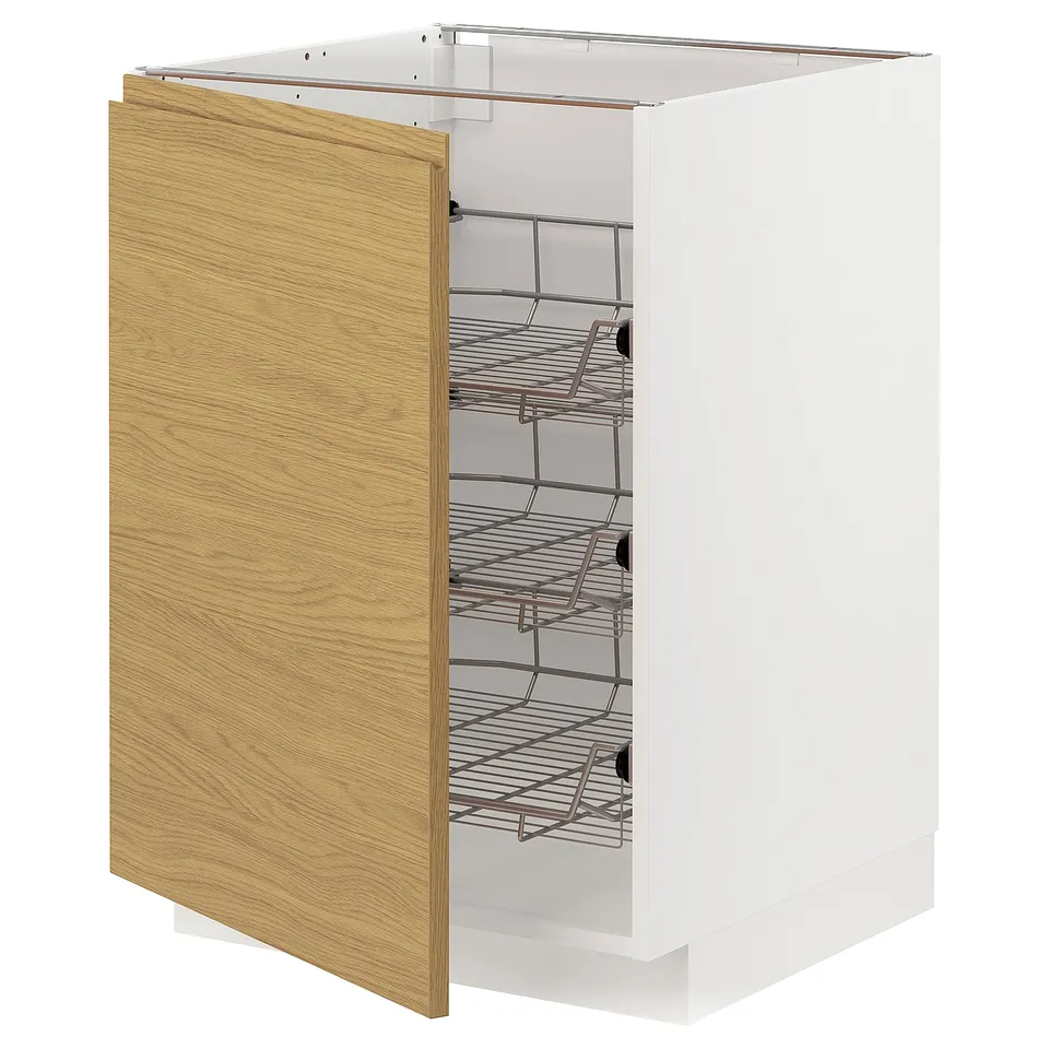 Open wooden cabinet with wire shelves; white frame, light wood front.