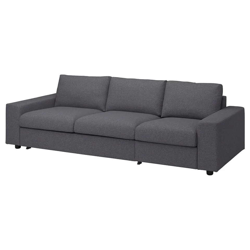 Grey fabric sofa, modern design, three cushions, clean lines.
