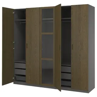 PAX / TONSTAD wardrobe combination, dark grey brown/stained oak veneer glass, 250x60x236 cm