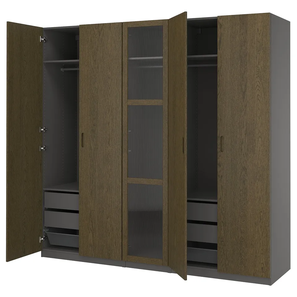 Displays an open wood-toned wardrobe with multiple compartments, including shelves and drawers.