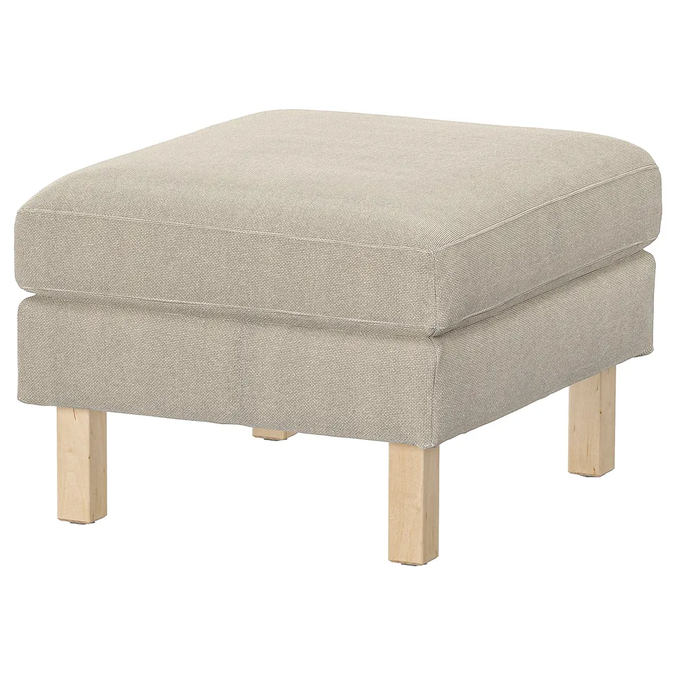 Beige upholstered footstool, square shape, four wooden legs.