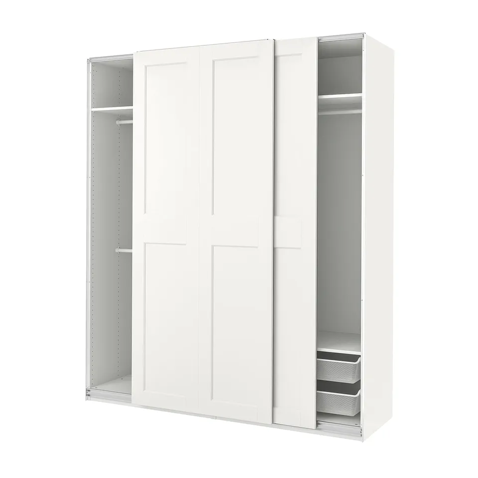 White PAX wardrobe with sliding doors, featuring internal shelves and mesh baskets for storage. Sleek, modern design.