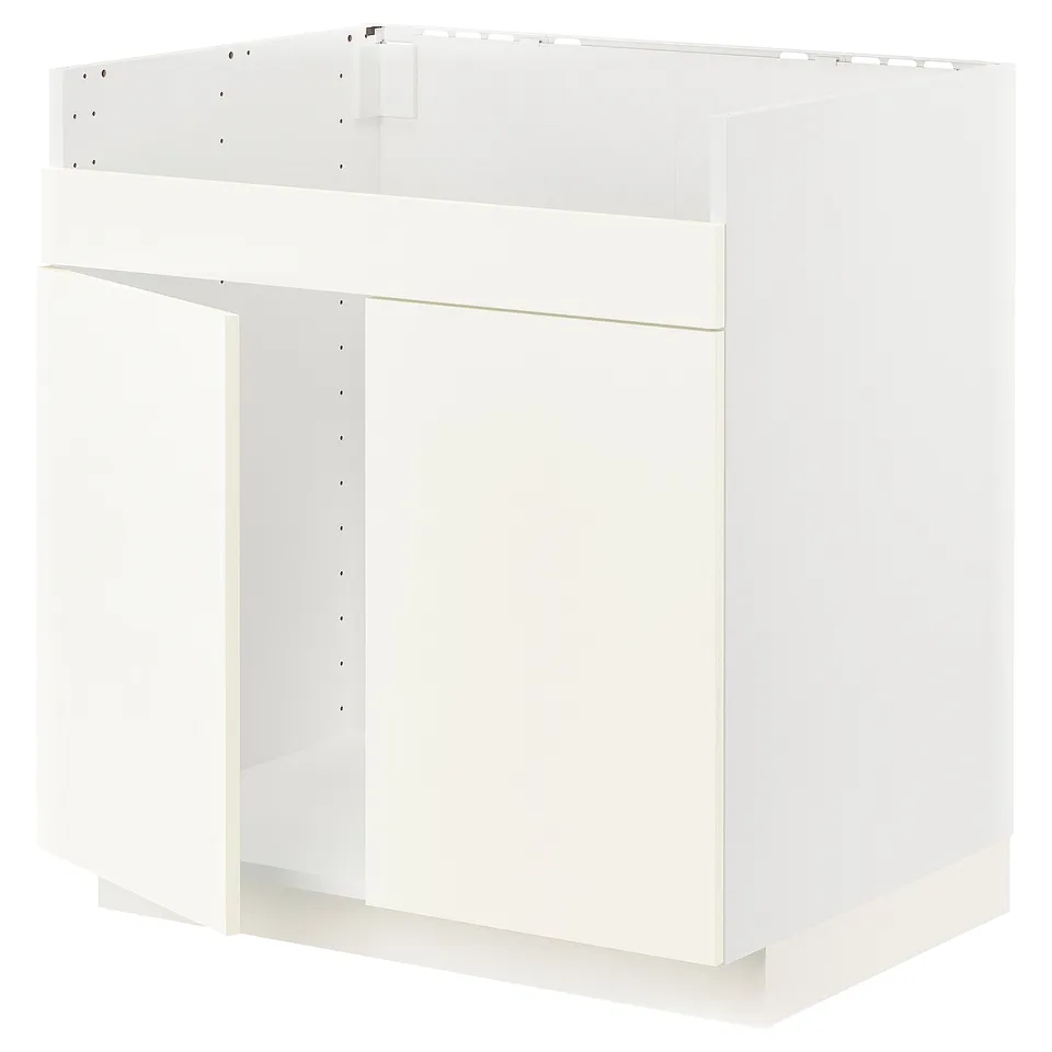 A white METOD kitchen cabinet with a box shape and smooth surfaces. It a sturdy frame construction for durability.