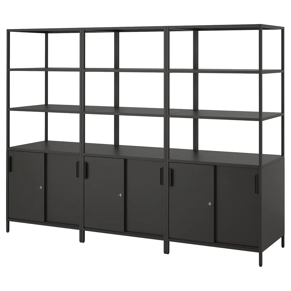 Modern black metal TROTTEN shelf unit with four cabinets and open shelves.