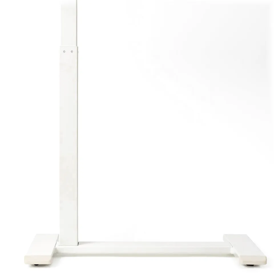White adjustable standing table. Sturdy metal and melamine construction. Easy-roll design for flexible positioning.