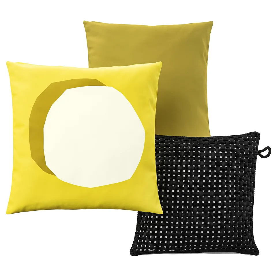 GULLBERGSÖ / HJÄRTERÖ Cushion, set of 3, bright yellow/white yellow-green/black out/indoor, 50x50 cm