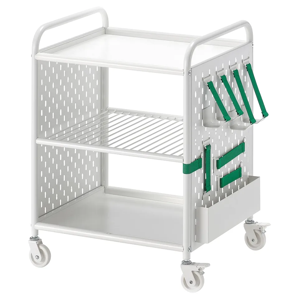 BRÄNNBOLL cart, white, metal, 2-tier, green straps, wheels, gaming organiser.