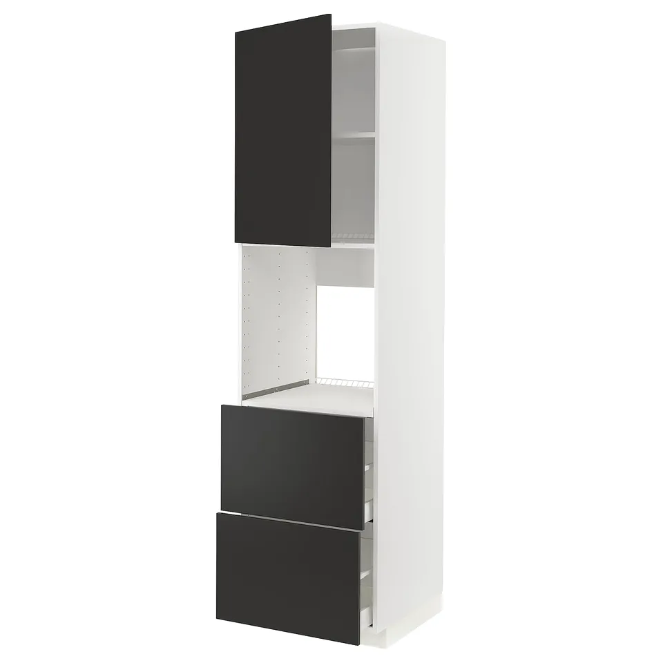Modern black and white kitchen unit. Tall, with shelves and drawers. Black doors, white frame. Stylish, sleek design.