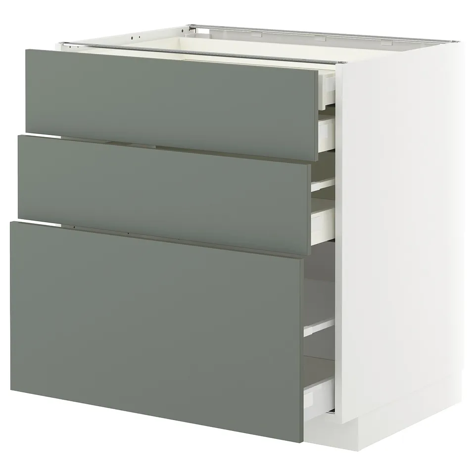 Modern grey-green cabinet with three drawers. Part of IKEAs METOD kitchen series.