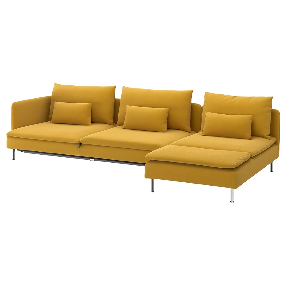 A SÖDERHAMN mustard yellow sectional sofa-bed with sleek, airy design, high legs, loose back cushions, and comfortable seating.