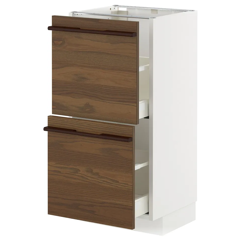 METOD kitchen unit with dark brown drawers, white cabinet, wooden handles.