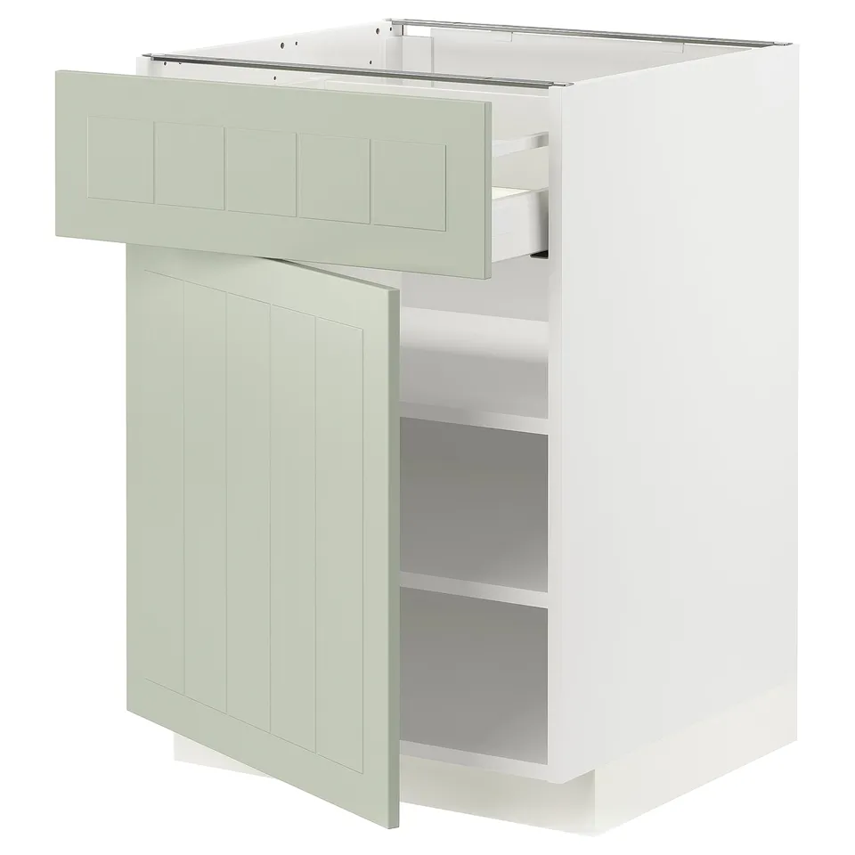 Light green METOD kitchen cabinet with drawer and shelves, featuring smooth-running drawers, adjustable shelves, and a 25-year guarantee.