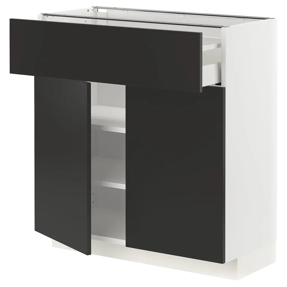 Modern black and white kitchen unit with two drawers and shelves, sleek design.