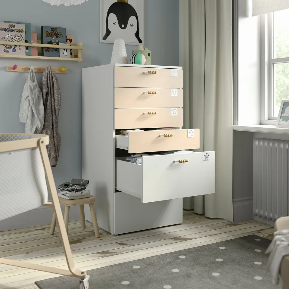 Childs room with smastad chest, 6 drawers for baby clothes, toys. Adjustable feet for stability.