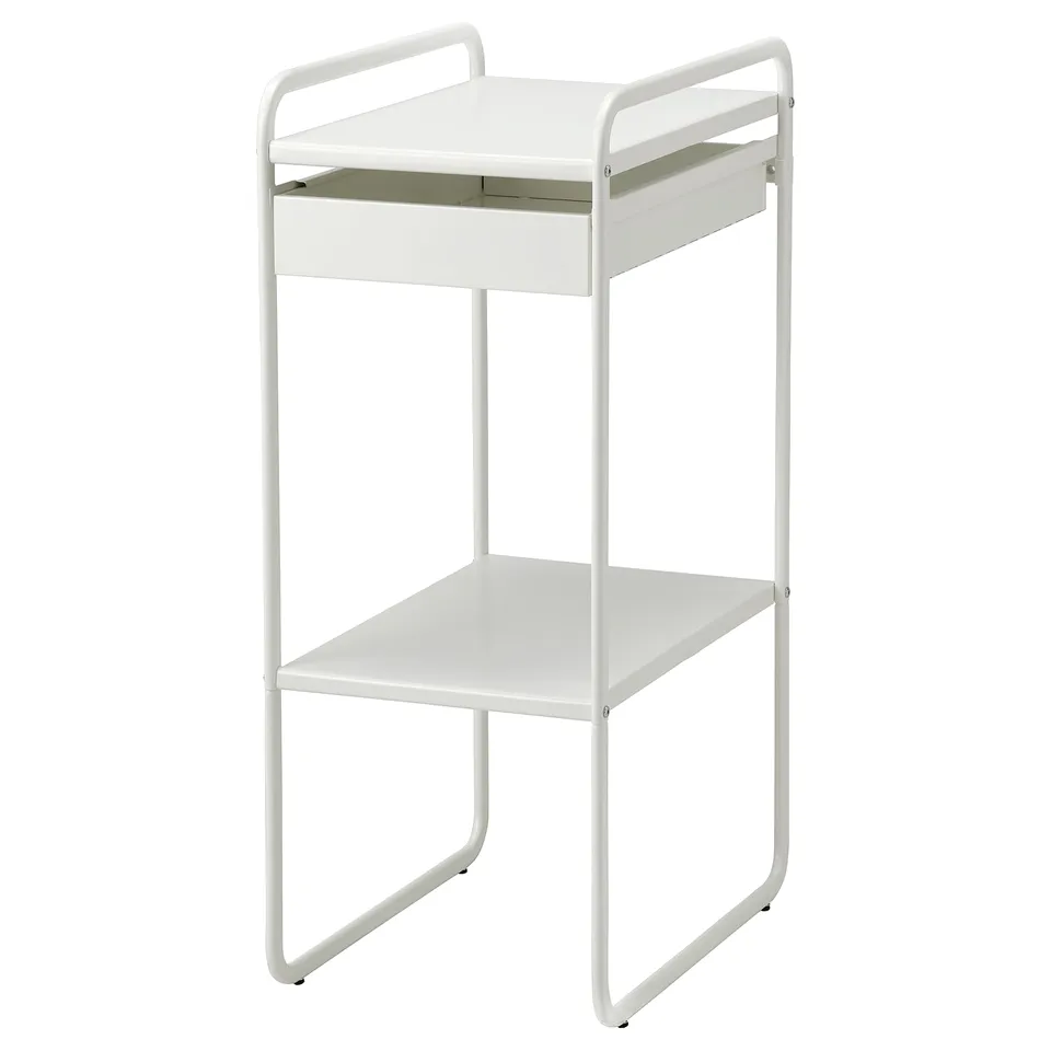 A SUNNERSTA white metal shelving unit with two tiers and one drawer, ideal for storage in various rooms.
