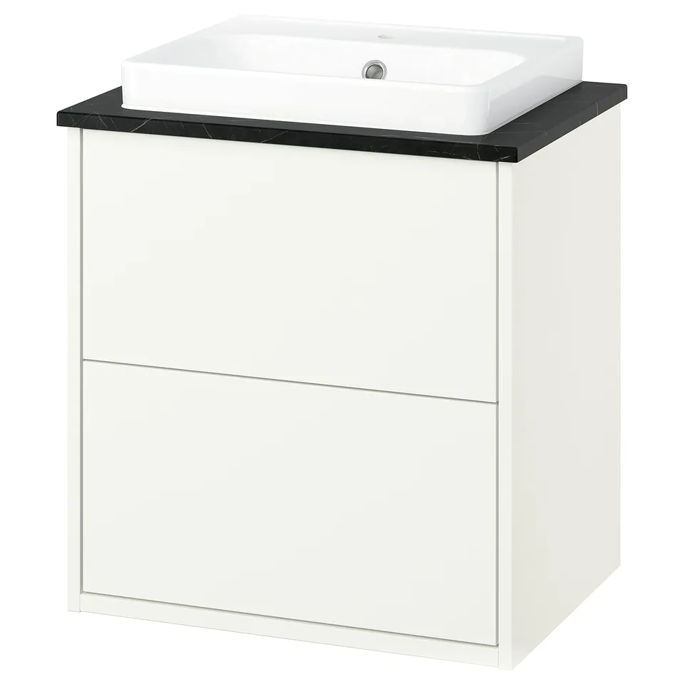 White HAVBÄCK bathroom unit, rectangular sink, black countertop, modern minimalist design.