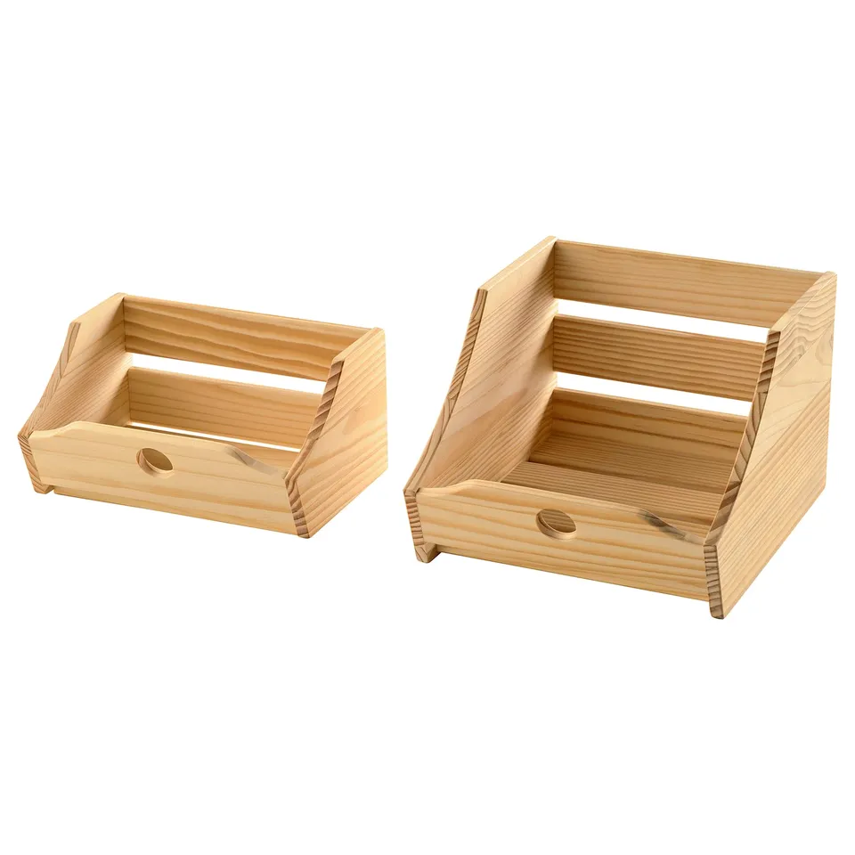 Two wooden storage trays, light brown, rectangular with rounded edges, and minimalist design.