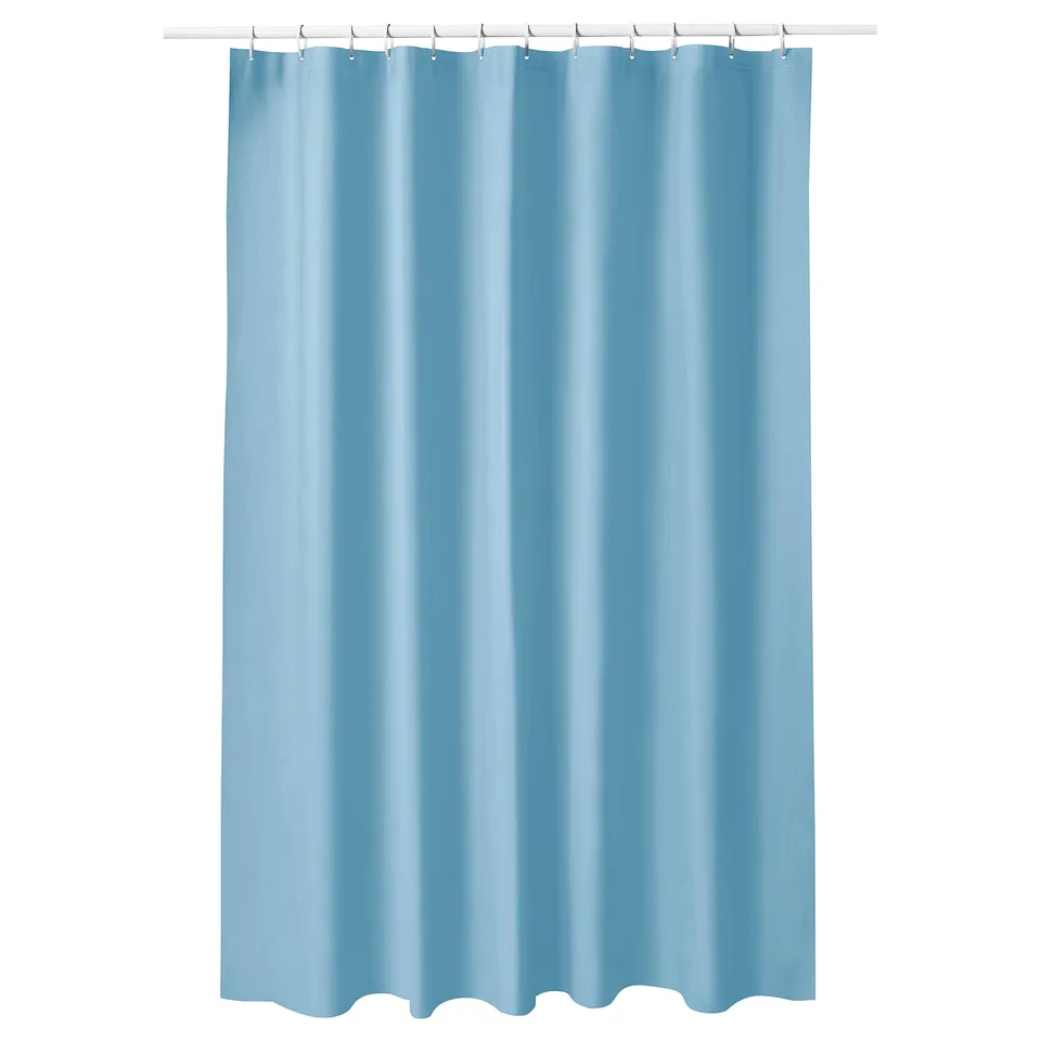 A solid blue LUDDHAGTORN shower curtain. Its rectangular with vertical water-resistant plastic material.