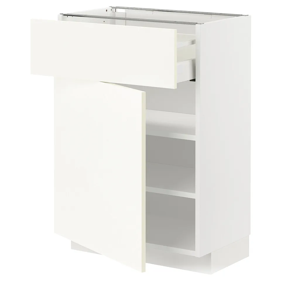 A white METOD kitchen cabinet with adjustable shelves and a single door. It is minimalist, rectangular, and modern in design.