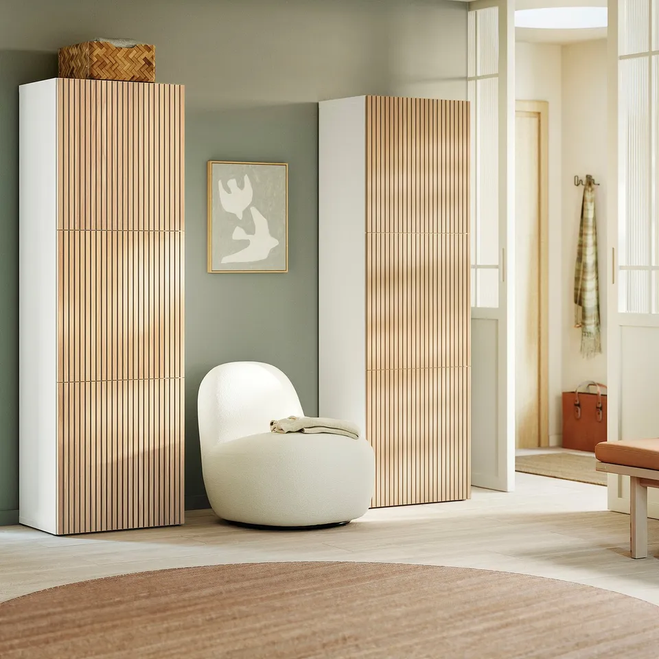 BESTÅ Storage combination with doors, white/Björköviken oak veneer, 120x42x193 cm