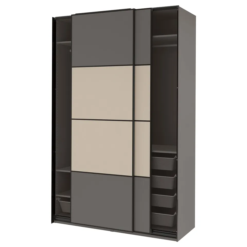 PAX wardrobe, black and beige, modern minimalist design with sliding doors and mesh basket, fiberboard and particleboard construction.