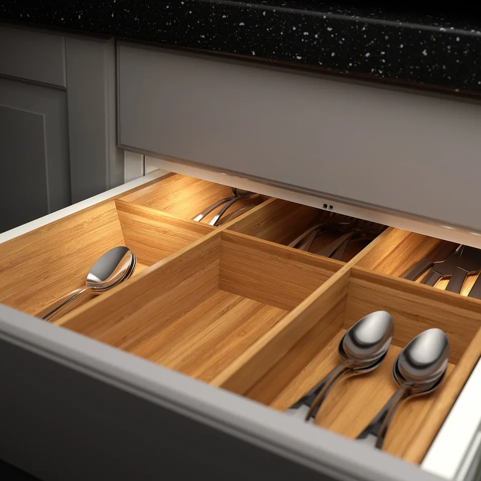 Drawer with led lights showing cutlery compartments.