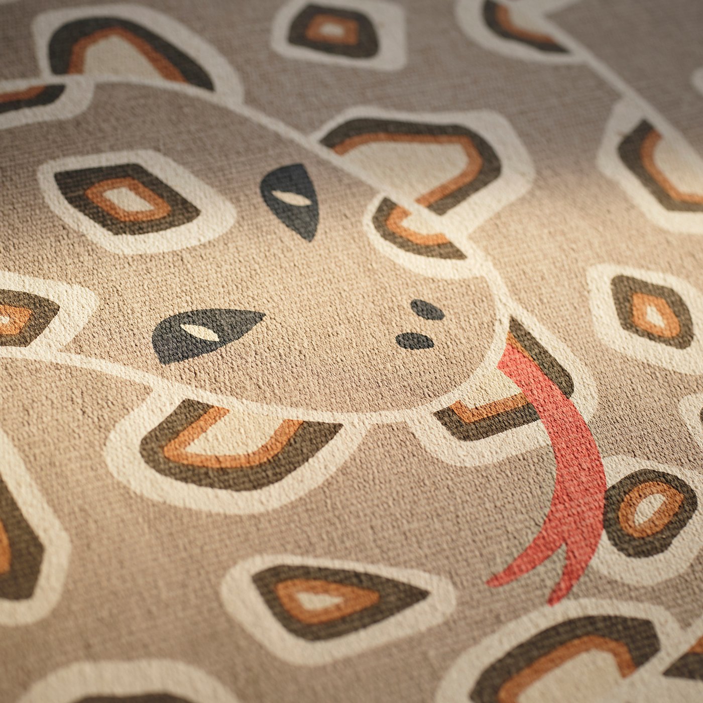 Abstract snake pattern rug up close. Beige background, brown, black, and red accents. Detailed, high-quality design.