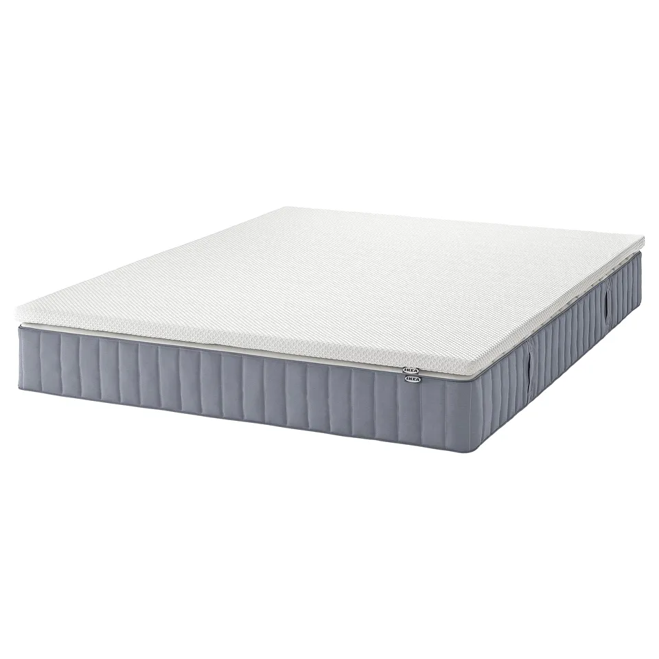 IKEA VALEVÅG white foam mattress, rectangular, quilted grey sides, recycled polyester cover.