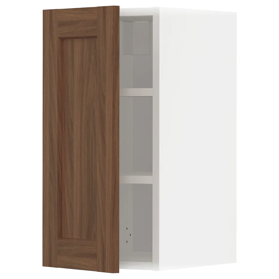 Walnut METOD kitchen cabinet with interior shelves.