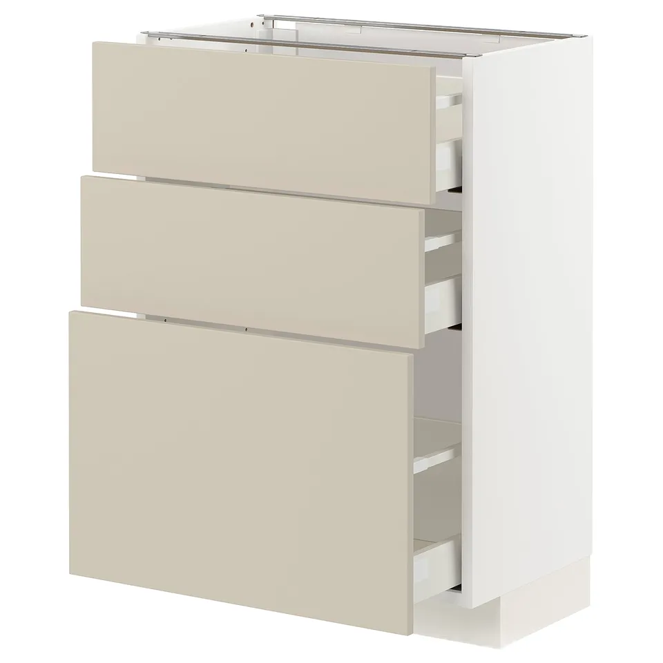 White METOD kitchen cabinet with beige drawers and smooth, clean design.