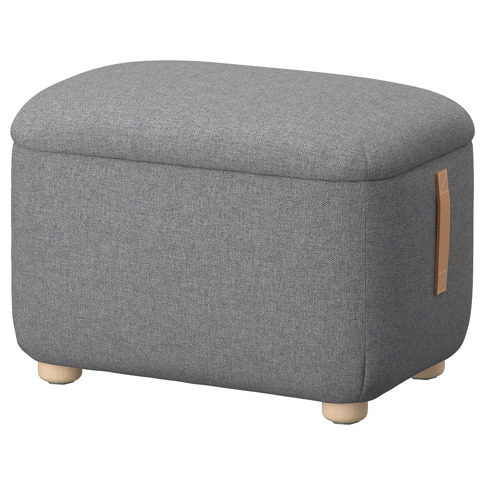 OSKARSHAMN, grey fabric footstool, wooden legs, leather handle.