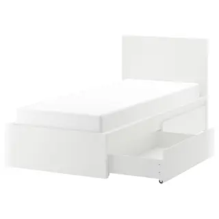 MALM bed frame, high, w 2 storage boxes, white/Luröy, 90x200 cm