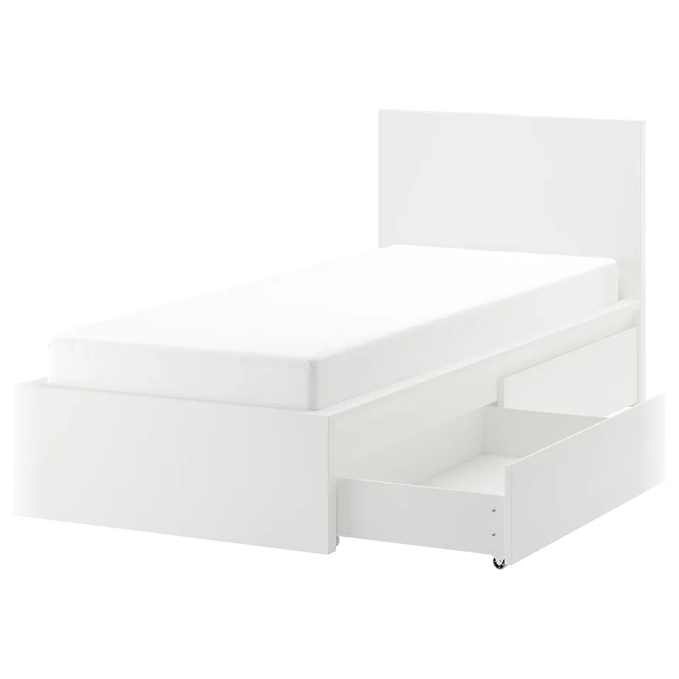 White MALM platform bed with drawers, clean design, high headboard, smooth rolling storage, minimalist.