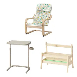 BJÖRKÅSEN/FLISAT/POÄNG set: children's armchair + laptop stand + book display